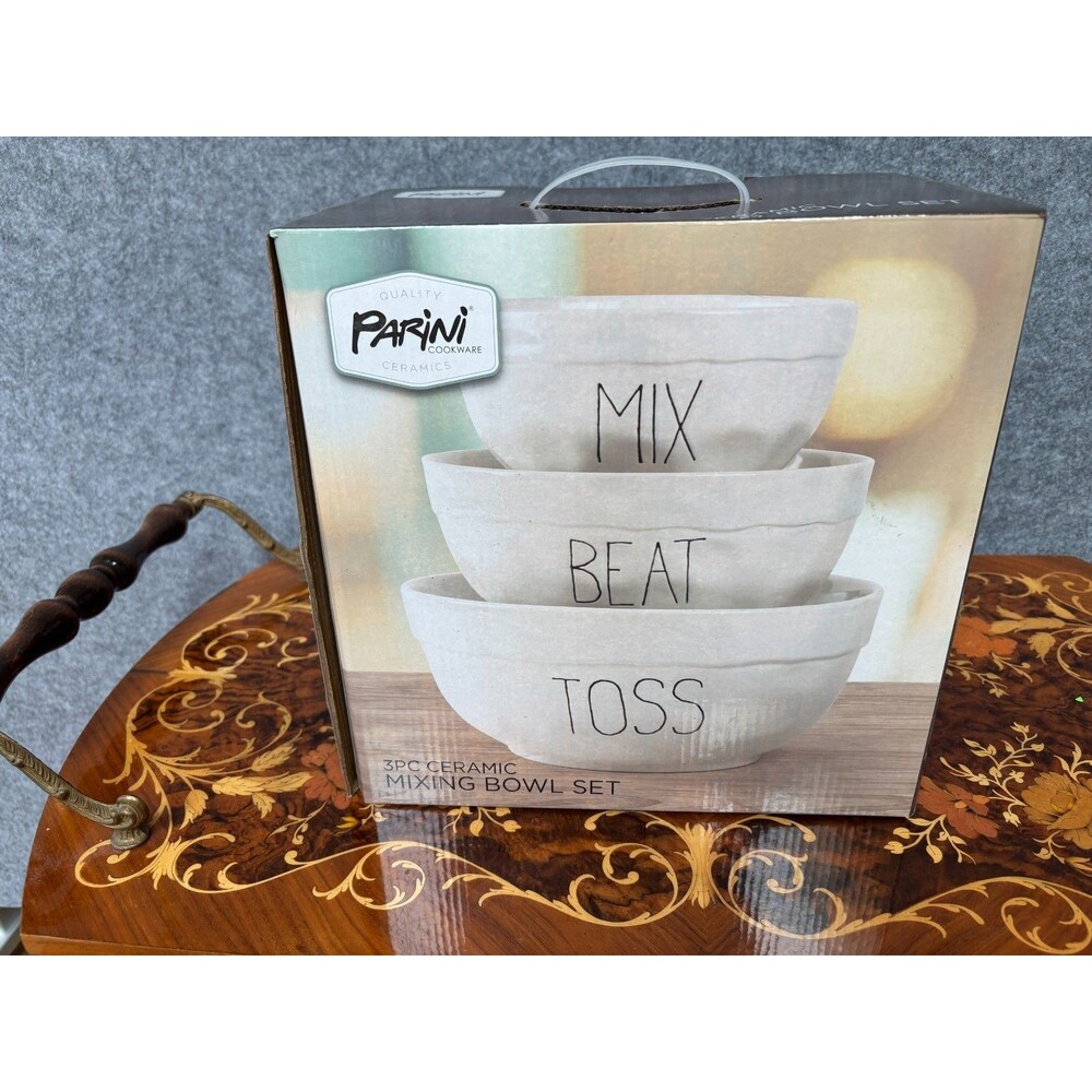 Parini 3 Piece Ceramic Mixing Bowl Set White Mix Beat Toss New in Box
